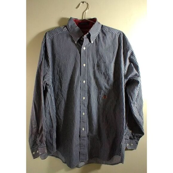 Tommy Hilfiger Size Large Striped Button Down Collared Shirt Blue And White Long - Picture 1 of 7